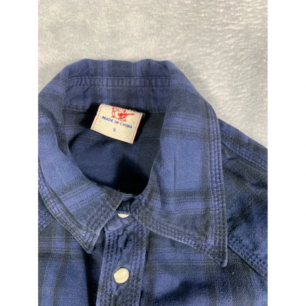 True Religion Mens S Western Pearl Snap Plaid Navy Blue Black Long Sleeve Shirt
